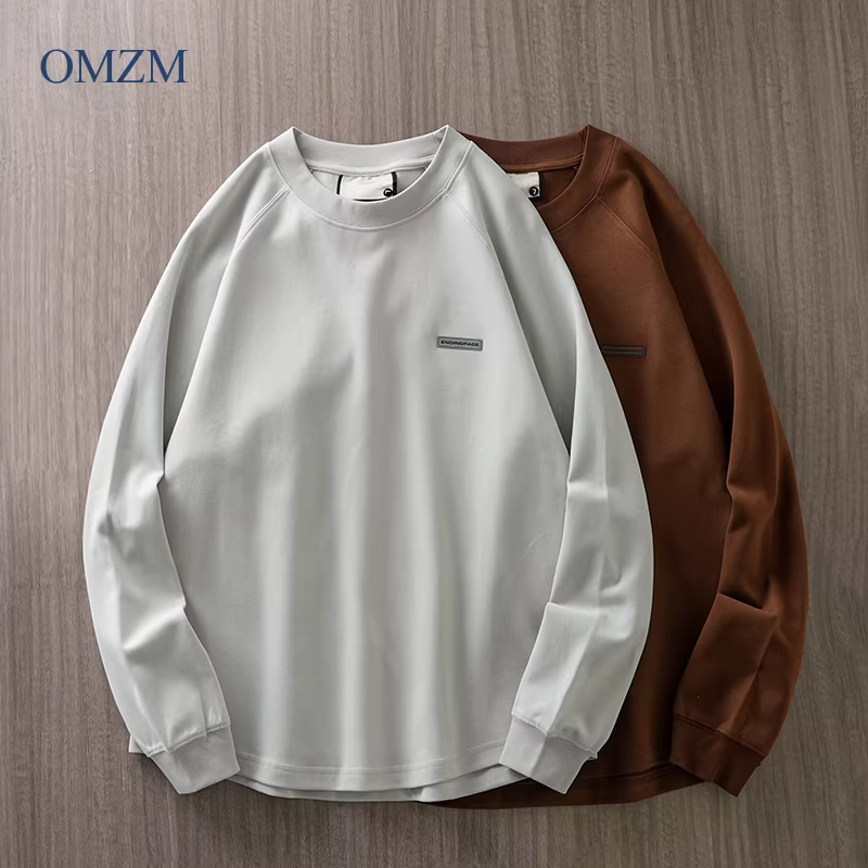 OMZM300G áo thun tay dài dáng rộng tay raglan hạng nặng dành cho nam mùa thu đông áo len cổ tròn rộng rãi lớp bên trong ấm áp áo sơ mi in họa tiết