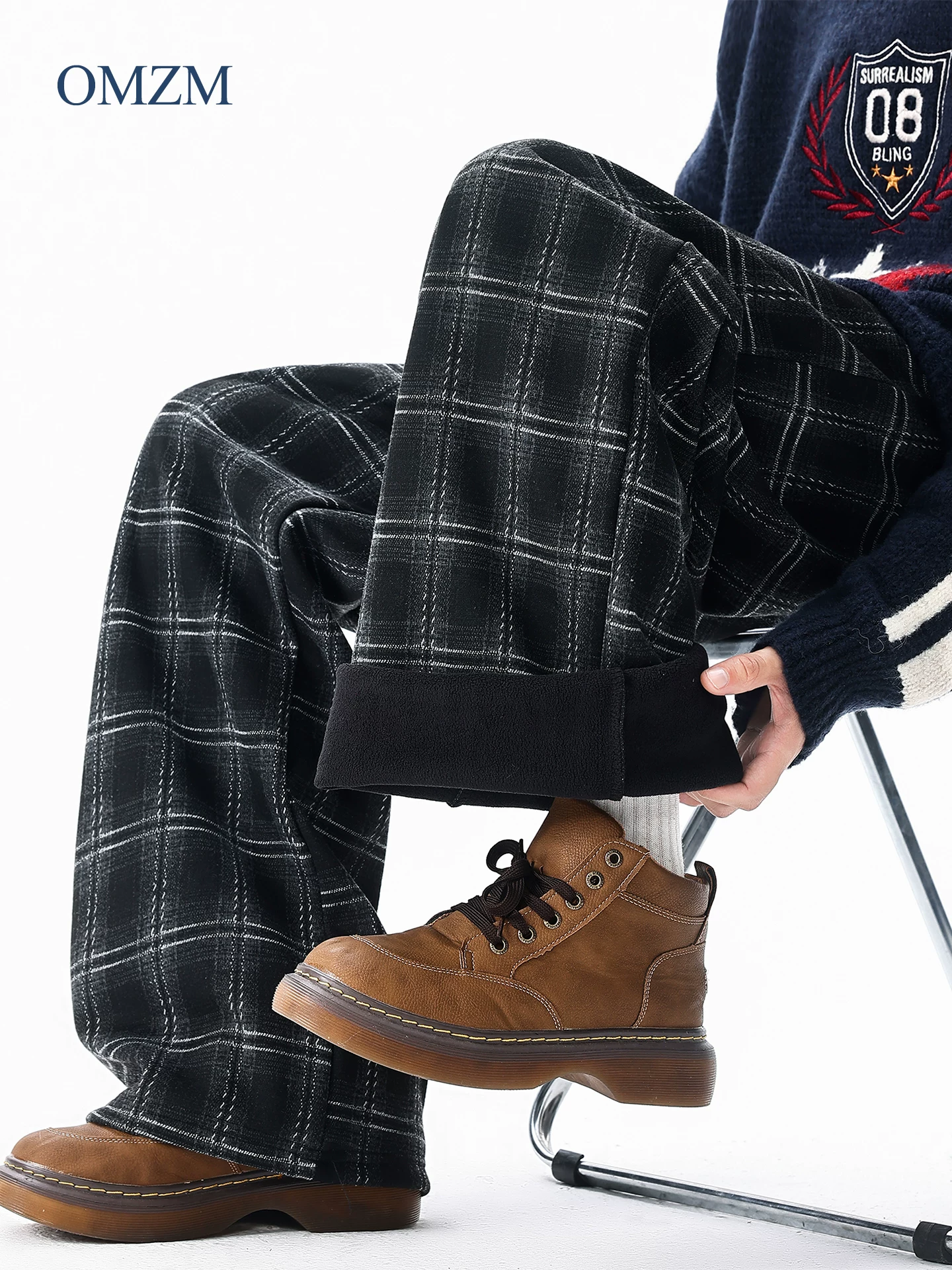 Quần âu kiểu Mỹ có lót lông cừu kiểu Mỹ dành cho nam, quần ống rộng dài đến sàn kiểu cổ điển mùa đông, quần dài kẻ sọc ấm áp.