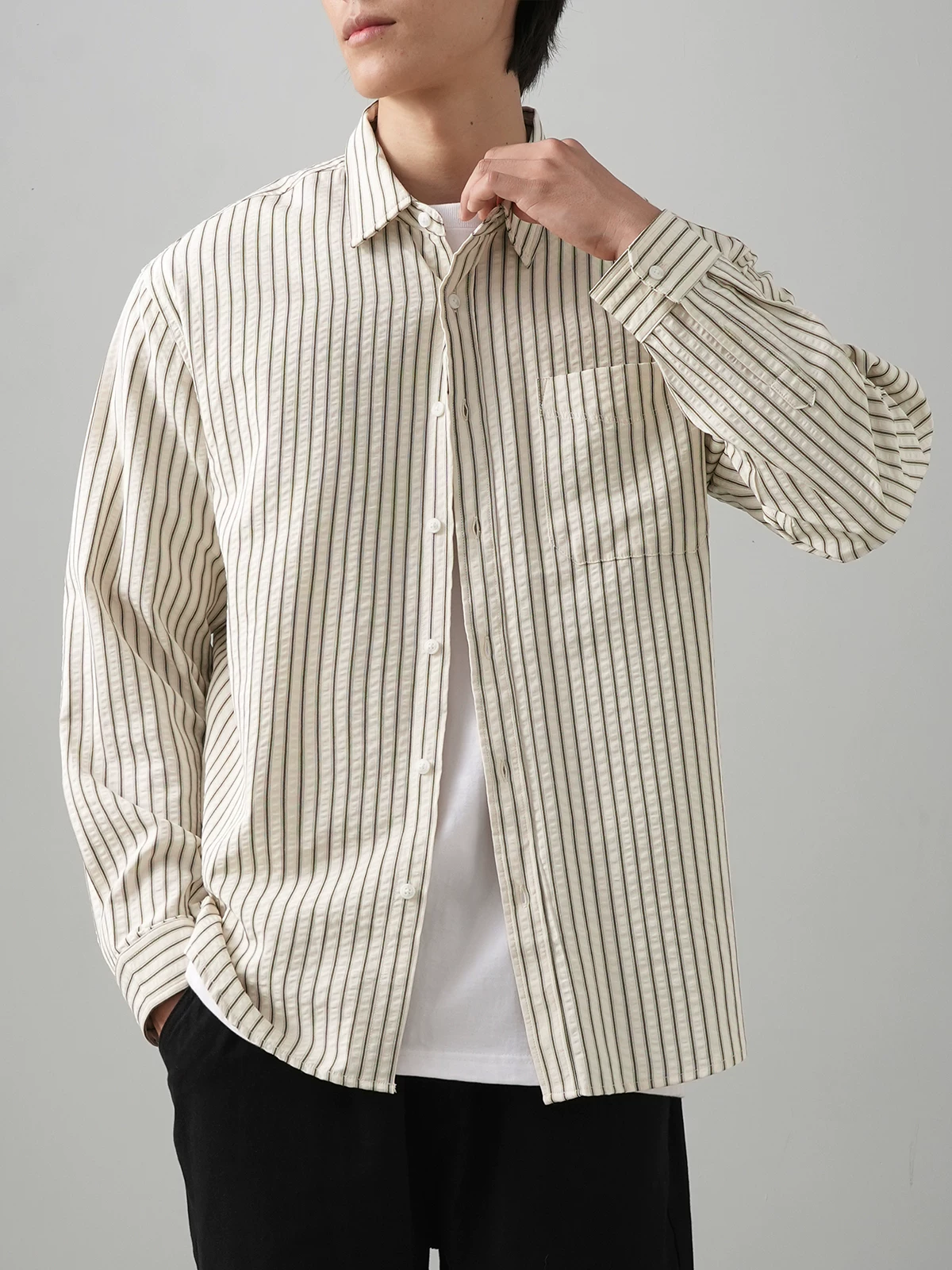 OMZM Lyocell Tencel Áo Sơ Mi Sọc Nam Dài Tay Thu Đông Xu Hướng Quốc Gia Áo Sơ Mi Retro Rời Áo Mỏng Thường Ngày