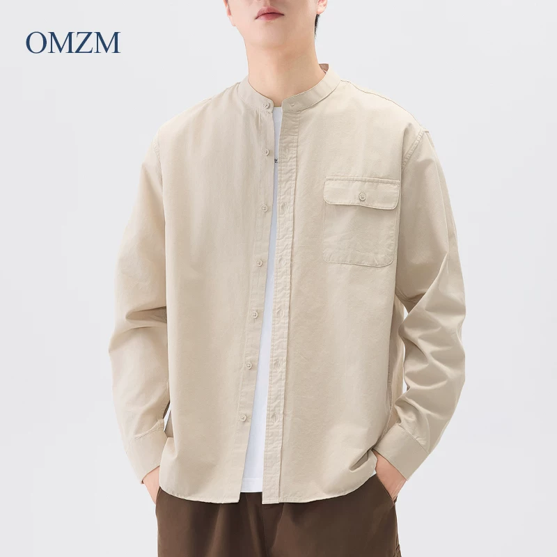Áo sơ mi cổ đứng bằng cotton nguyên chất hạng nặng OMZM dành cho nam, dài tay, áo sơ mi trắng phong cách Trung Quốc mới mùa thu, áo khoác công sở dáng rộng thông thường