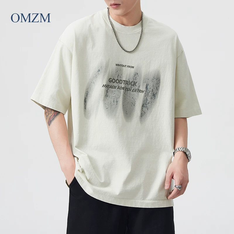 Áo thun ngắn tay bằng cotton nguyên chất hạng nặng OMZM260G dành cho nam và nữ, áo thun chữ graffiti cổ điển mùa hè của Mỹ, tay lửng rộng