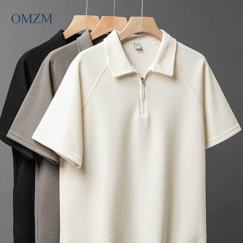 Áo polo nam chất liệu cotton pique dày 250G, tay ngắn, mùa hè 2025, kiểu mới, cổ nửa khóa kéo, màu trơn, tay lửng