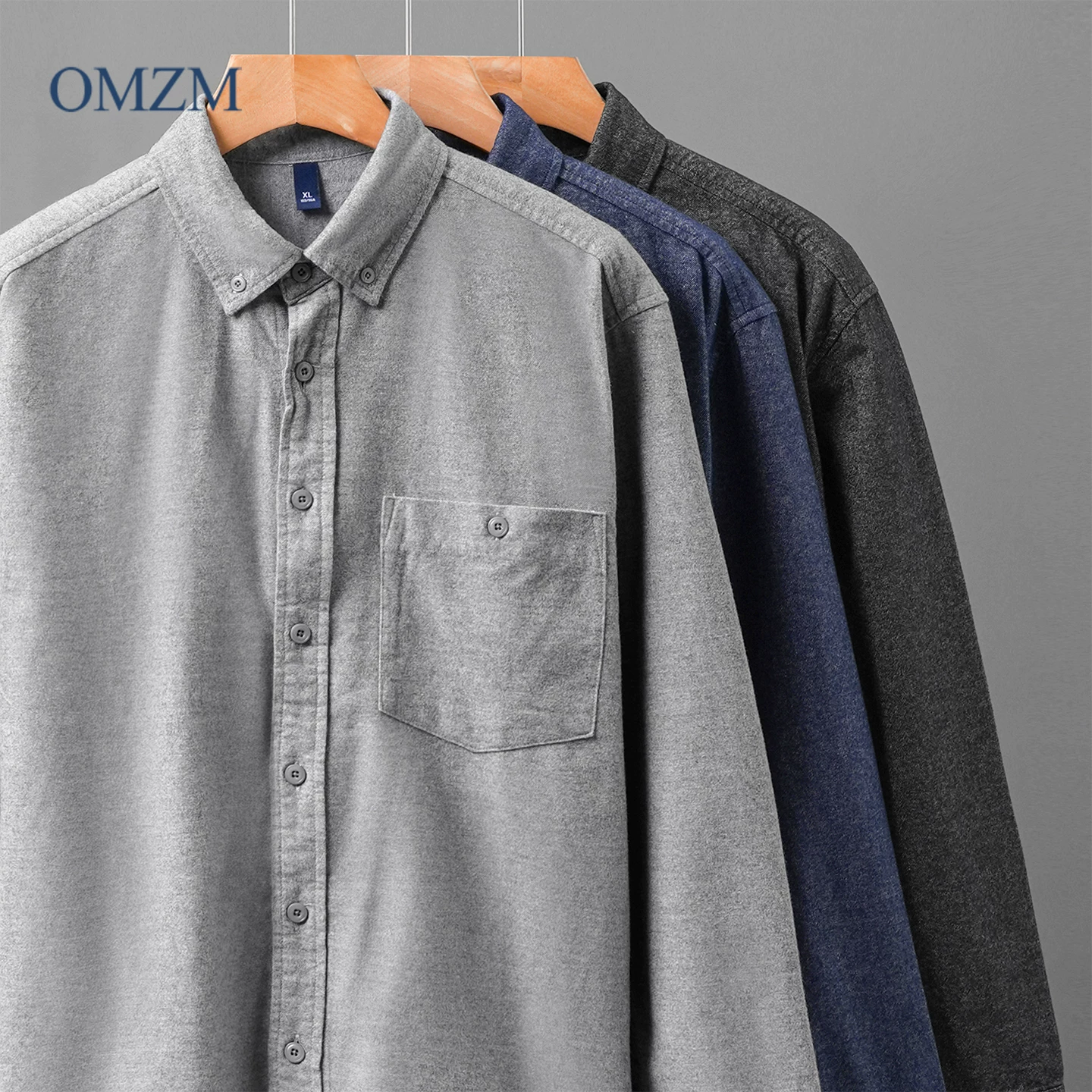 Áo sơ mi denim cotton nguyên chất hạng nặng OMZM dành cho nam, mùa thu đông phong cách Mỹ áo sơ mi cao cấp có túi màu trơn có túi