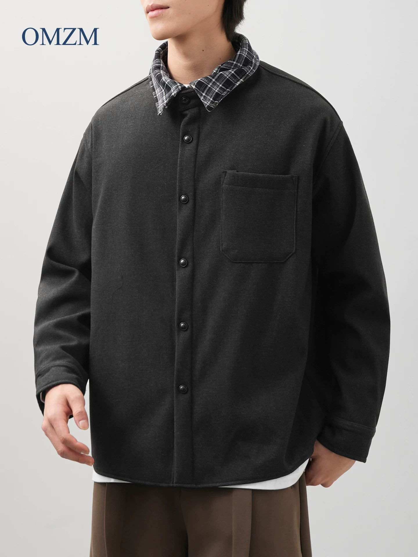 Áo sơ mi len lót lông cừu OMZM dành cho nam, áo khoác kẻ ca rô dày dặn mùa đông, áo sơ mi công sở phong cách tiền cổ điển