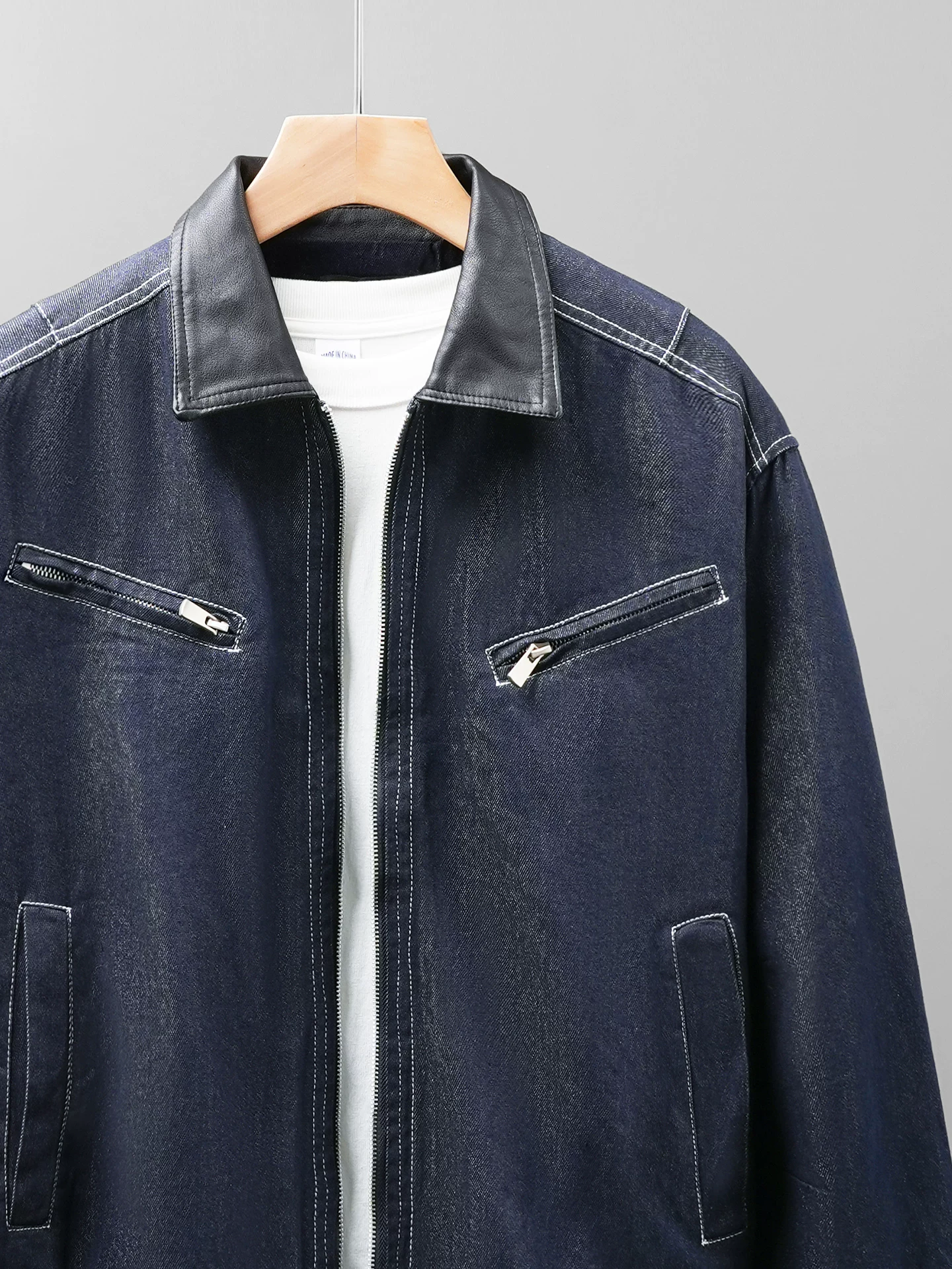 OMZM Lyocell áo khoác denim nam mùa thu đông Mỹ cổ điển áo khoác có cổ Harrington bảo hộ lao động dây kéo cardigan