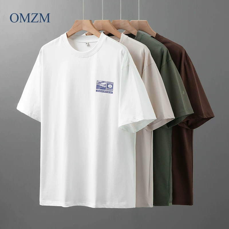 Áo thun ngắn tay bằng cotton nguyên chất hạng nặng OMZM240G dành cho nam và nữ, áo thun in hình thương hiệu thời trang mùa hè của Mỹ, áo thun cổ tròn dáng rộng nửa tay