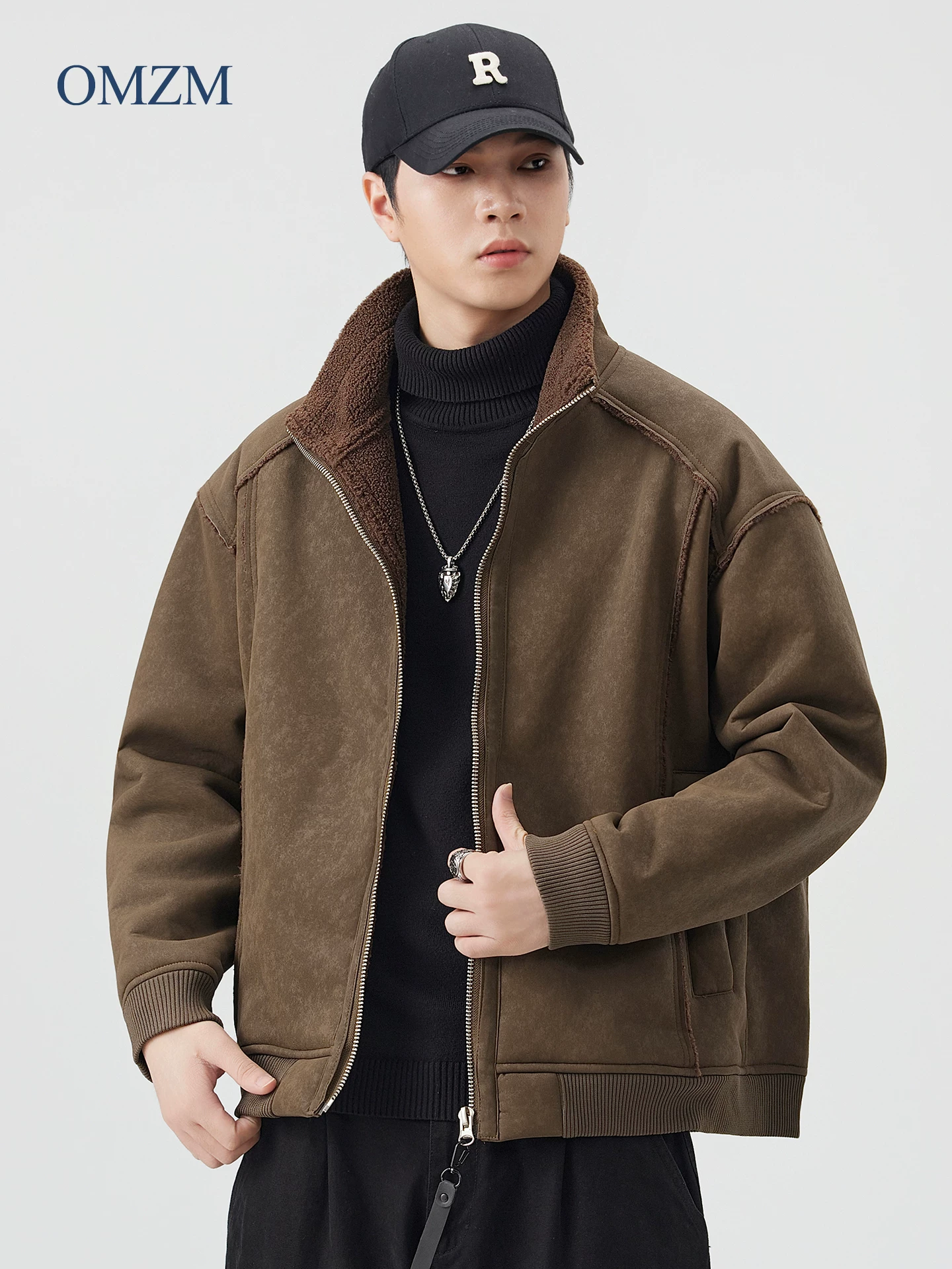 Áo khoác cotton dày lót lông cừu OMZM dành cho nam, áo khoác cổ đứng ấm áp mùa đông, áo khoác da lộn tích hợp da và lông cao cấp