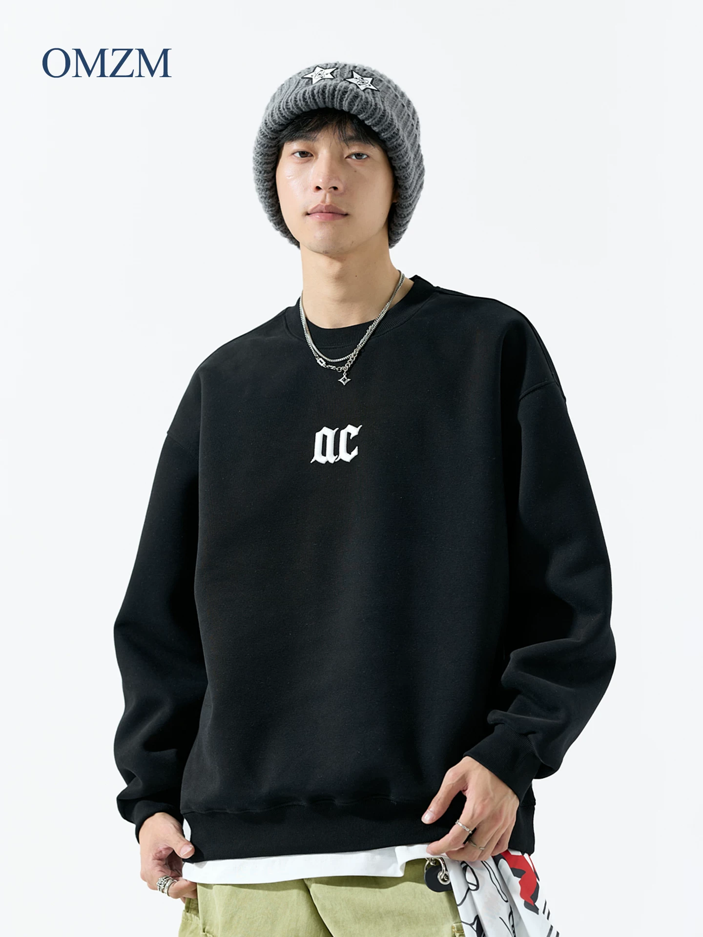 Áo thun cổ tròn hạng nặng OMZM450G dành cho nam, mùa thu phong cách Mỹ thêu chữ lớp bên trong áo sơ mi không có mũ trùm đầu
