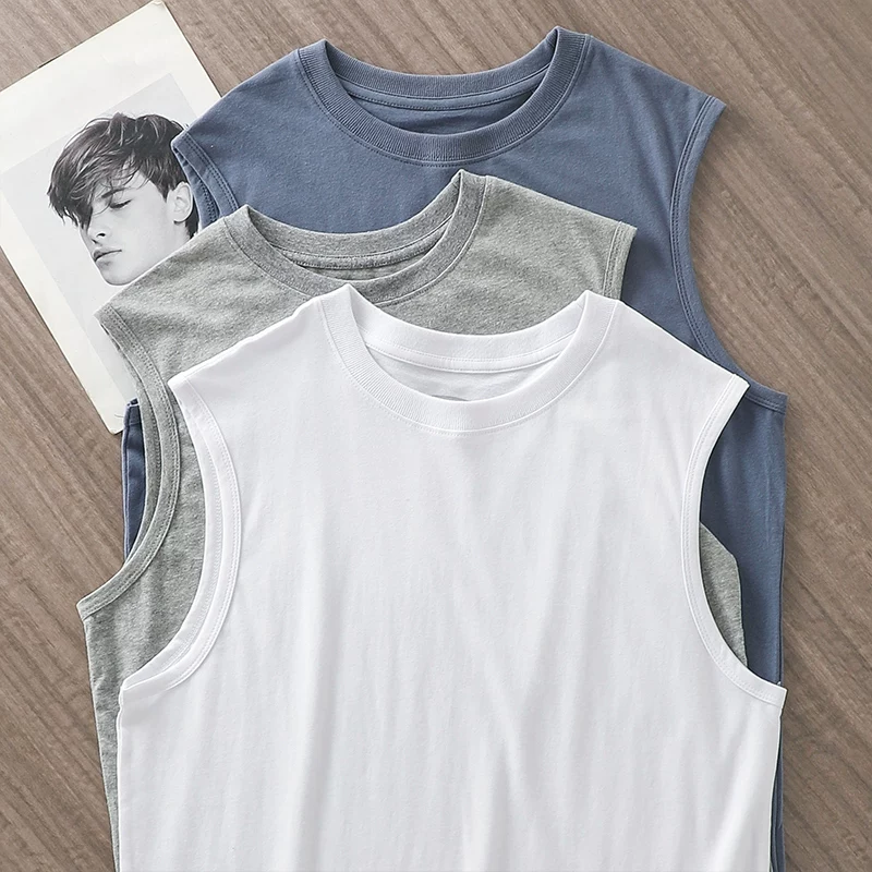 Áo thun nam không tay, chất liệu cotton nguyên chất, cổ tròn, mặc trong mùa hè, áo vest thể thao màu trắng tinh khiết, dáng rộng.