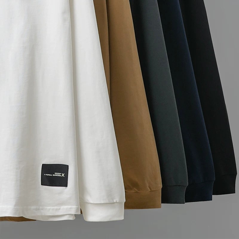 Áo thun dài tay bằng cotton nguyên chất hạng nặng OMZM260g dành cho nam, áo len cổ tròn dáng rộng phong cách Mỹ mùa xuân thu, áo sơ mi màu trơn hợp thời trang