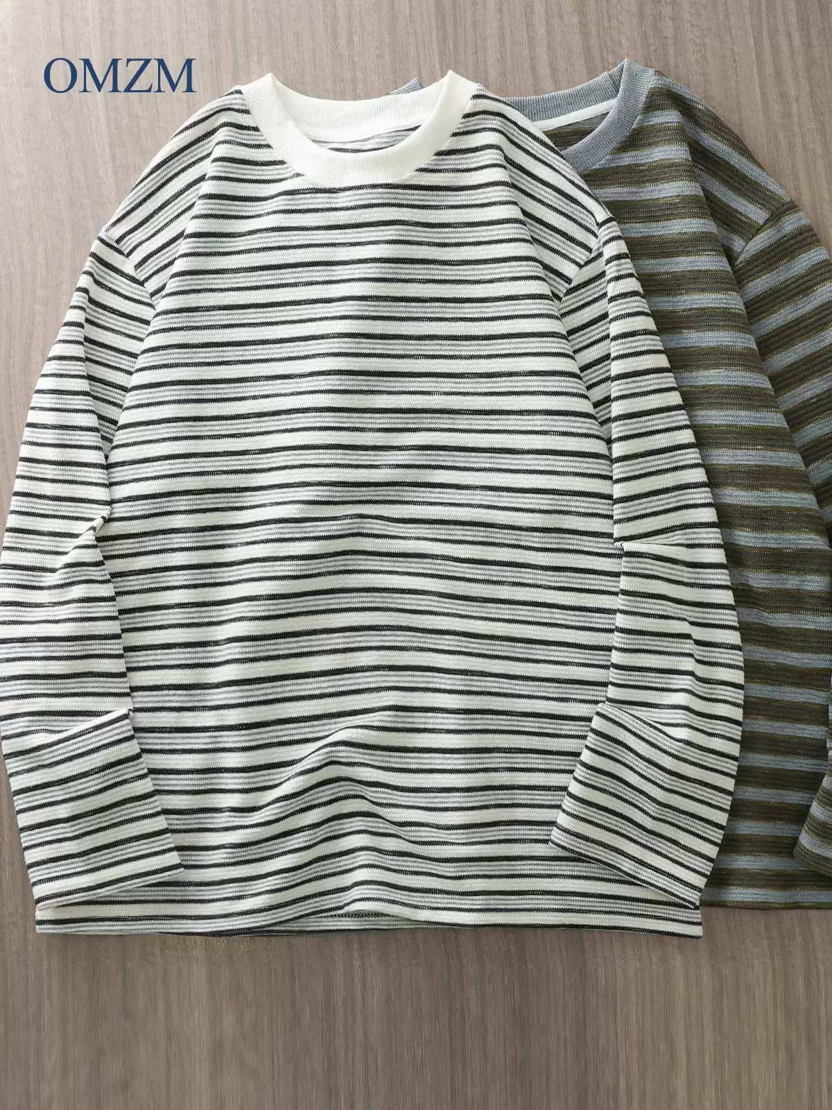 Áo thun dài tay sọc hạng nặng OMZM300G dành cho nam, dáng rộng mùa thu, áo nỉ phối màu cổ điển Nhật Bản, áo sơ mi cổ tròn
