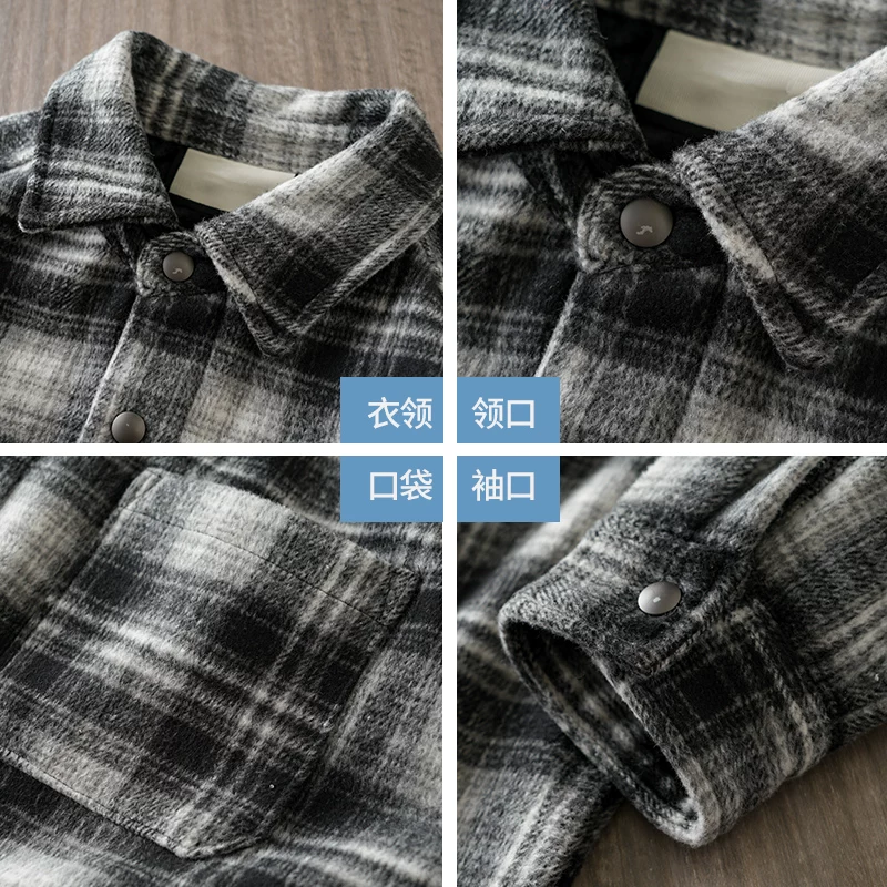 Áo khoác len dày lót lông cừu OMZM dành cho nam, áo sơ mi dày giữ ấm mùa đông 2024 mới, áo sơ mi kẻ đen trắng