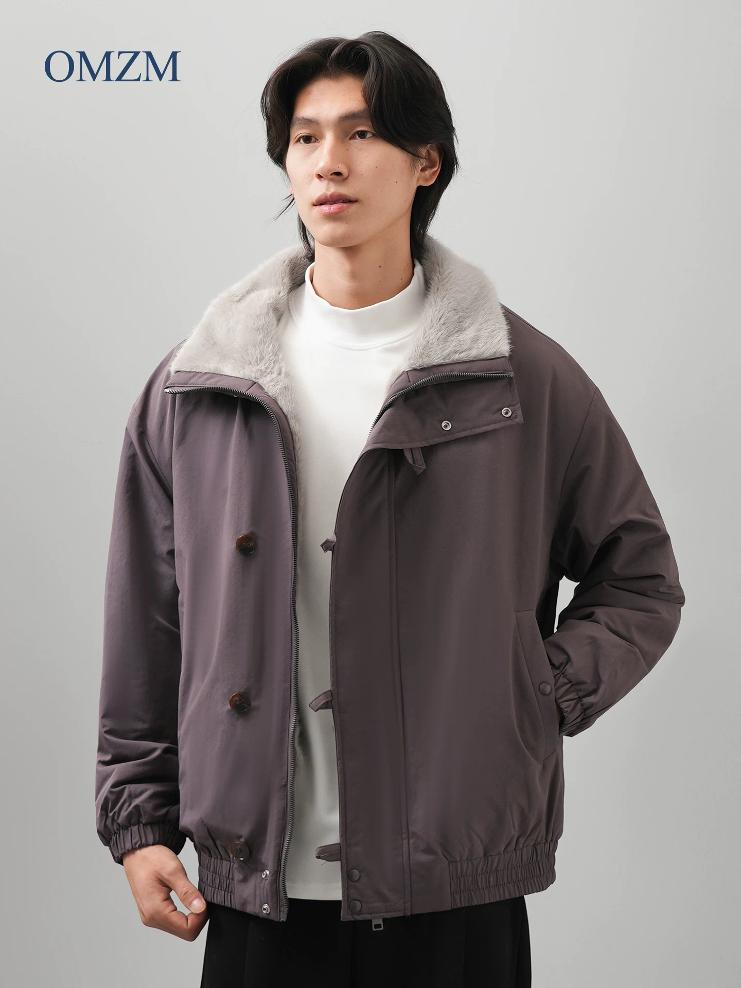 Áo khoác cotton lót lông cừu có thể đảo ngược OMZM dành cho nam, mùa thu đông, phong cách cổ điển Mỹ, dáng rộng, ấm áp, cổ áo lật, áo khoác bảo hộ lao động, dáng rộng.
