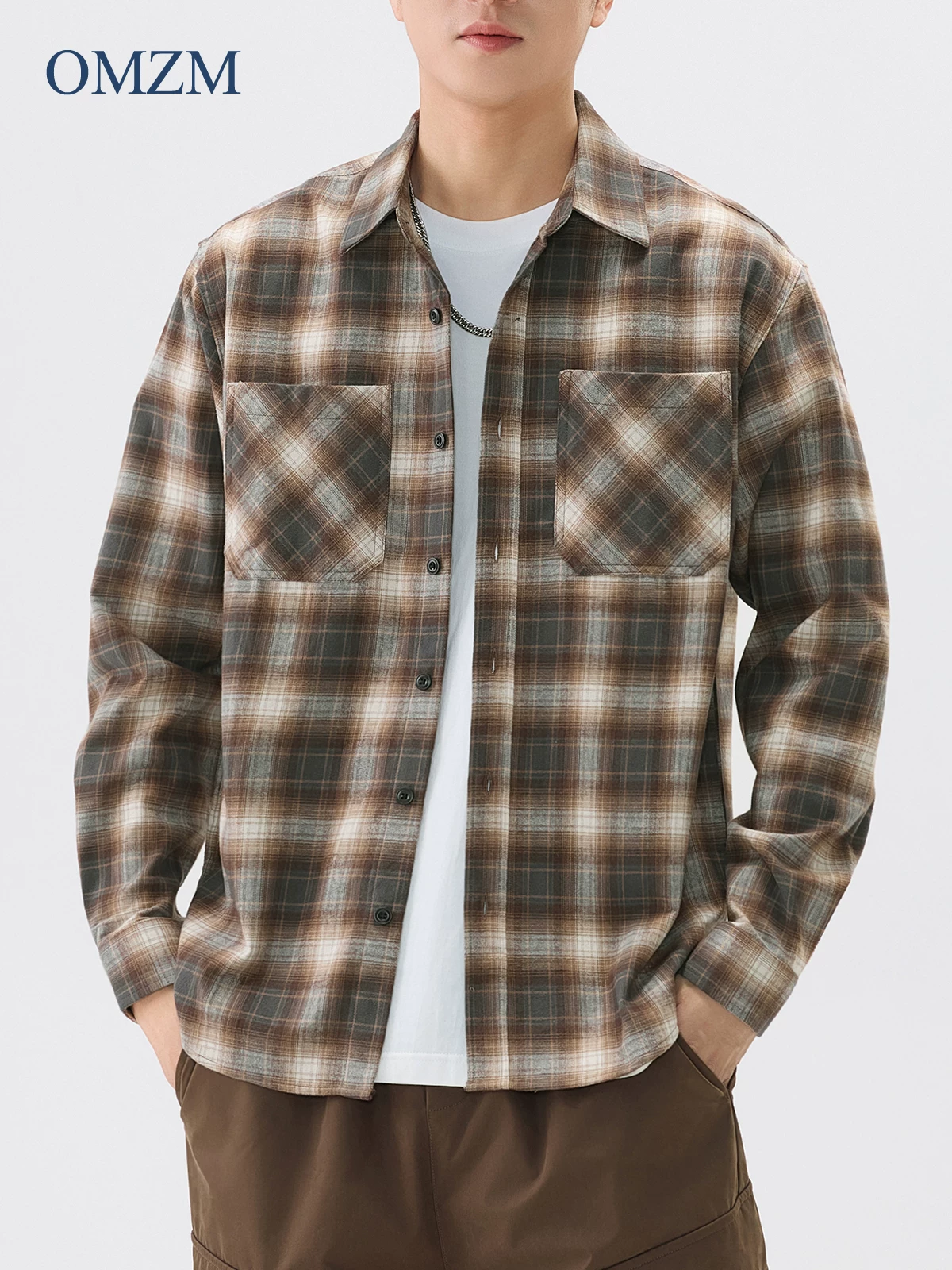 Áo khoác sơ mi flannel dày OMZM dành cho nam, thu đông 2024, kiểu dáng cổ điển, kẻ ca rô, chất liệu chải mềm, tay dài, áo khoác công sở