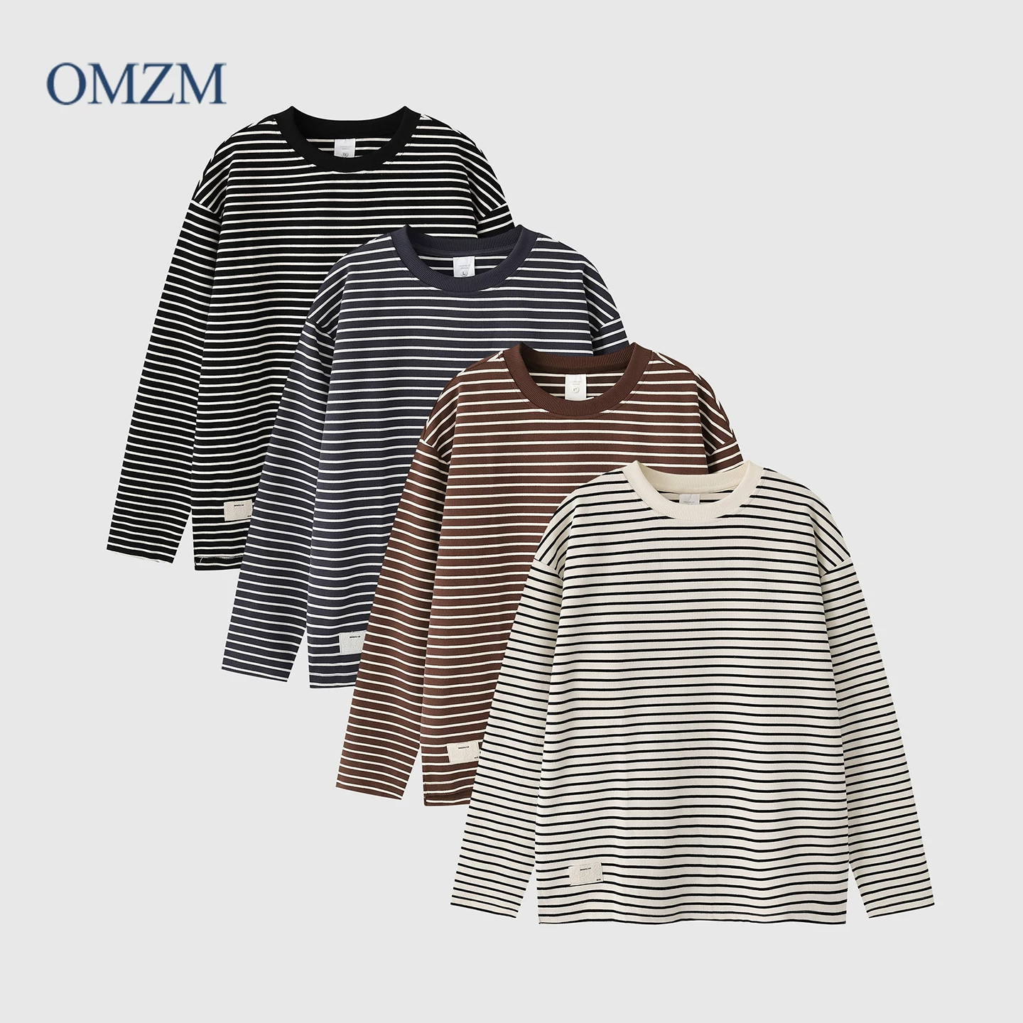 Áo thun dài tay sọc nặng kiểu Mỹ OMZM dành cho nam, áo sơ mi thủy thủ cổ tròn dáng rộng kiểu cổ điển mùa thu, áo sơ mi cổ tròn dáng rộng.