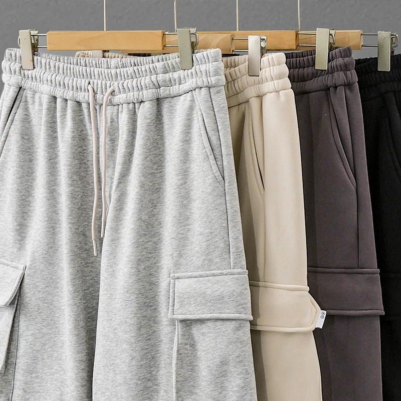 Quần cargo lót lông cừu hạng nặng OMZM460G dành cho nam, phong cách thu đông, quần dài có dây rút kiểu jogger, dày dặn và ấm áp, quần ống thẳng thông thường.