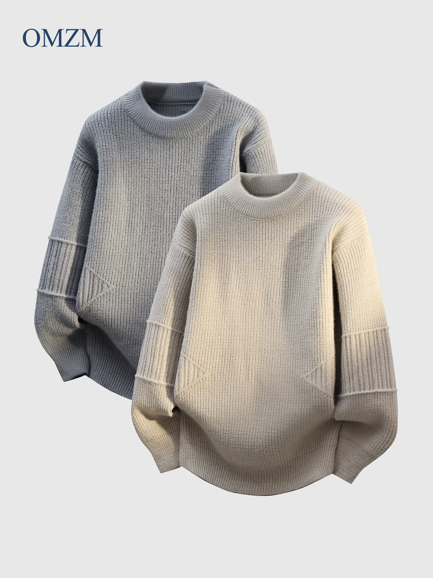 OMZM810G hạng nặng áo len chắp vá nam mùa đông phong cách Mỹ dày dặn đan cổ tròn dệt kim màu trơn áo thun ấm áp