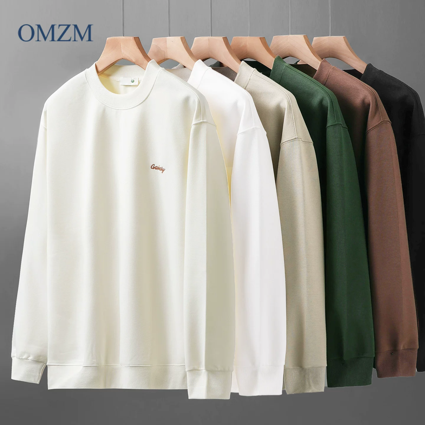 Áo thun cổ tròn hạng nặng OMZM340G dành cho nam, áo sơ mi dài tay thêu chữ phong cách Mỹ mùa thu, áo chui đầu dáng rộng.