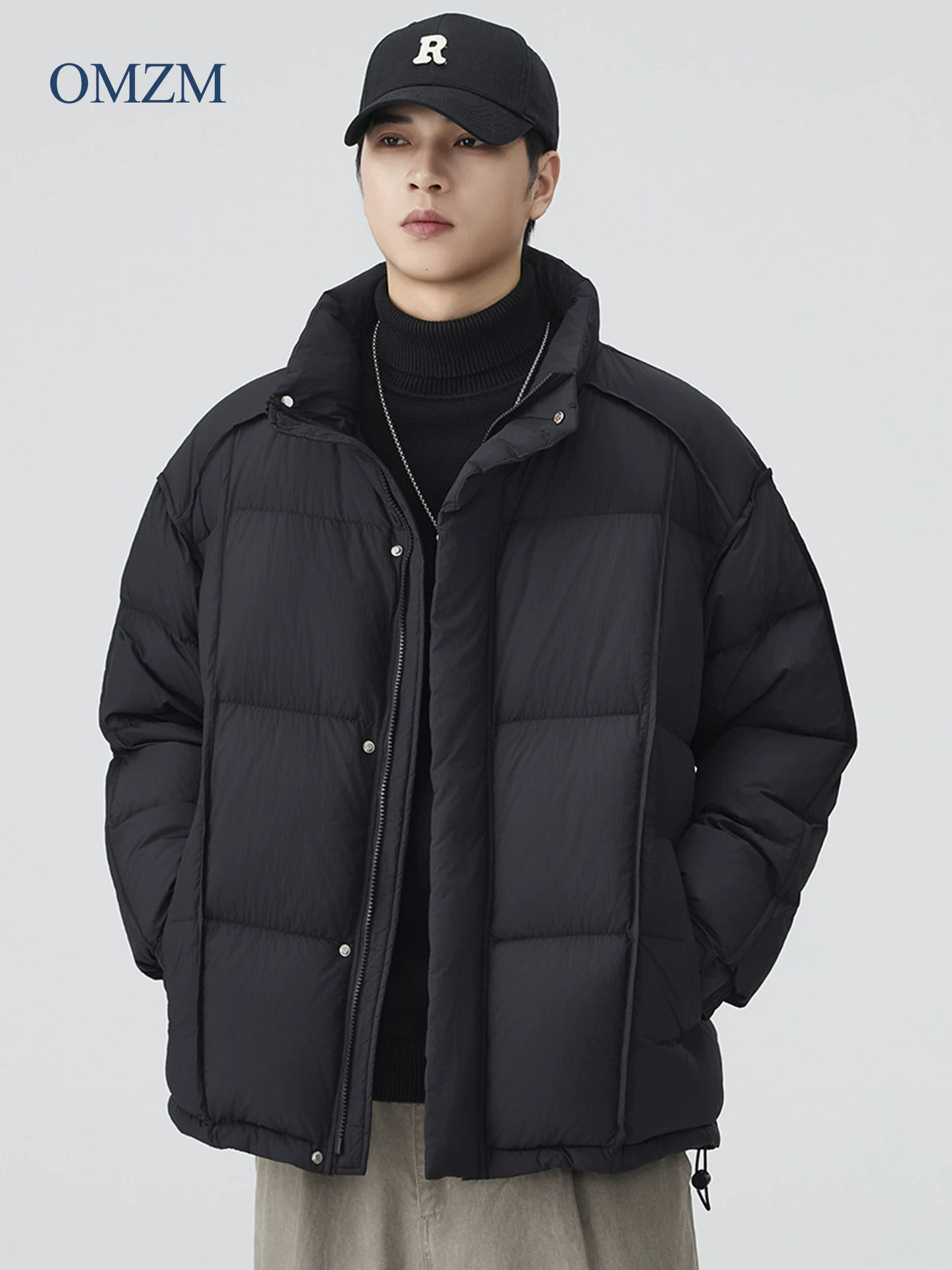 Áo khoác lông vịt OMZM Dopamine dành cho nam, phong cách mùa đông kiểu Mỹ, lót lông cừu, áo khoác cổ đứng dày, màu trơn, áo khoác phao ấm áp.