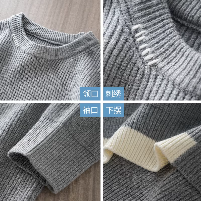 Áo len sọc dọc OMZM dành cho nam, áo len cổ tròn dáng rộng mùa đông, áo len dệt kim dày dặn ấm áp