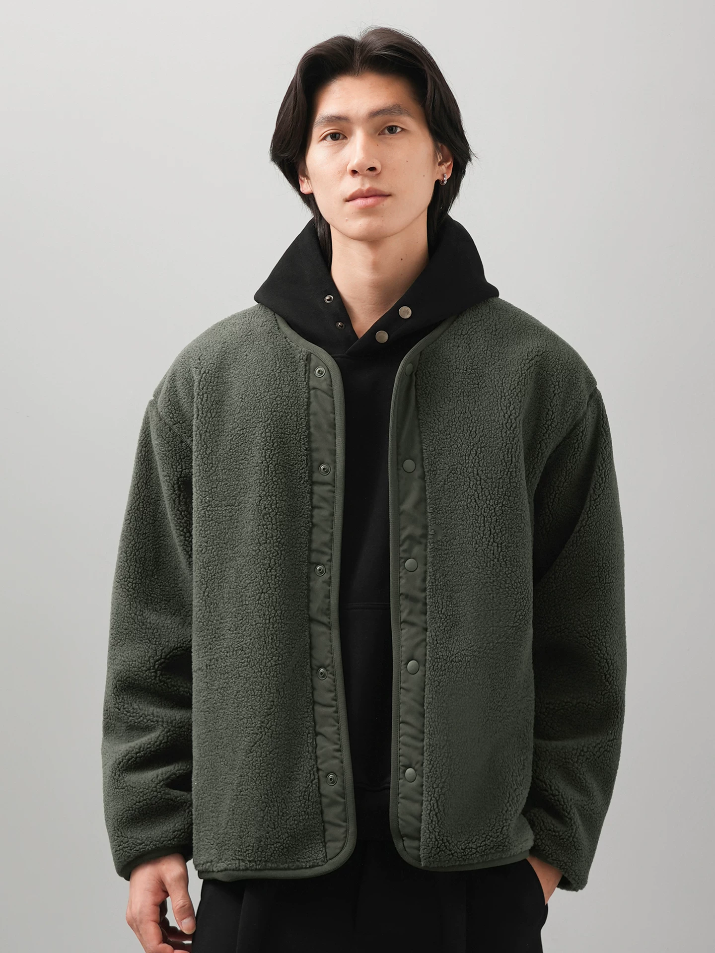 Áo khoác lông cừu hạng nặng OMZM dành cho nam, áo len cardigan ấm áp theo phong cách cổ điển Mỹ mùa đông, áo khoác cổ tròn màu trơn rộng rãi