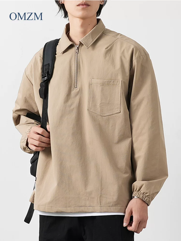 Áo sơ mi polo phong cách núi OMZM nam dài tay mùa xuân và mùa thu áo khoác áo sơ mi kiểu Mỹ cổ điển nửa khóa kéo áo thun dáng rộng có cổ