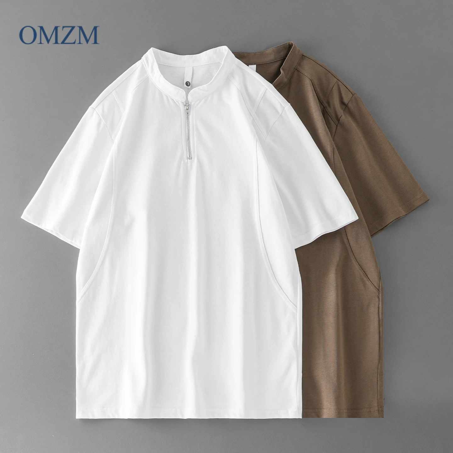Áo thun cổ henley hạng nặng OMZM230G dành cho nam, áo thun ngắn tay mùa hè bằng cotton nguyên chất kiểu Mỹ, cổ đứng nửa khóa kéo, tay lửng dành cho nữ