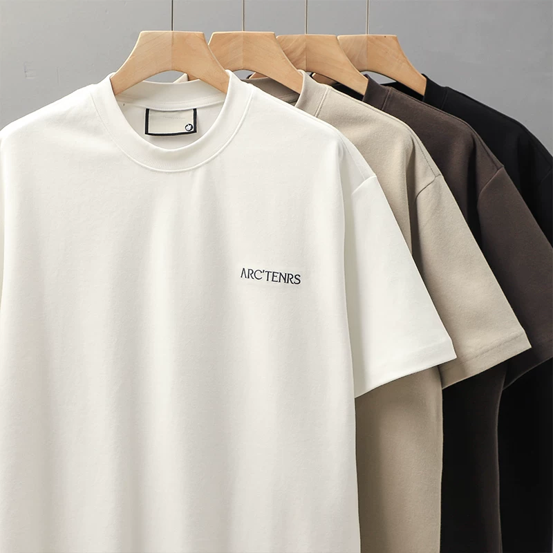 OMZM320G hạng nặng nguyên chất cotton áo thun ngắn tay nam mùa hè thêu chữ Mỹ nửa tay cổ tròn áo thun dáng rộng