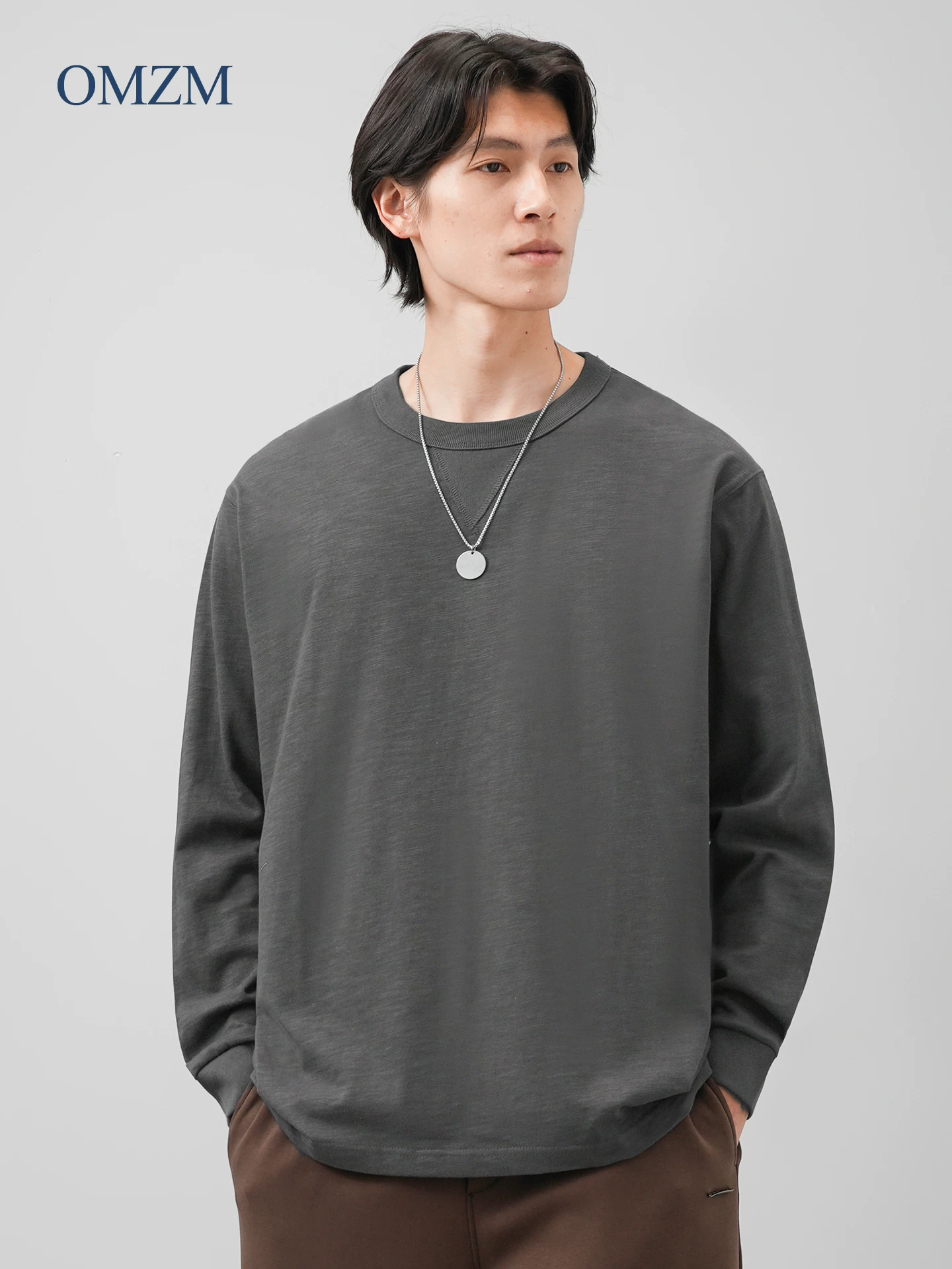 Áo thun dài tay cotton nguyên chất hạng nặng OMZM400G dành cho nam, áo sơ mi đế dày hình tam giác ngược phong cách Mỹ mùa thu, áo nỉ cổ tròn