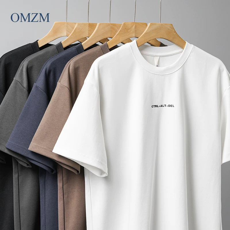 OMZM 300G Áo thun trắng hạng nặng nam ngắn tay mùa hè kiểu Mỹ in chữ áo thun không gian cotton cổ tròn nửa tay