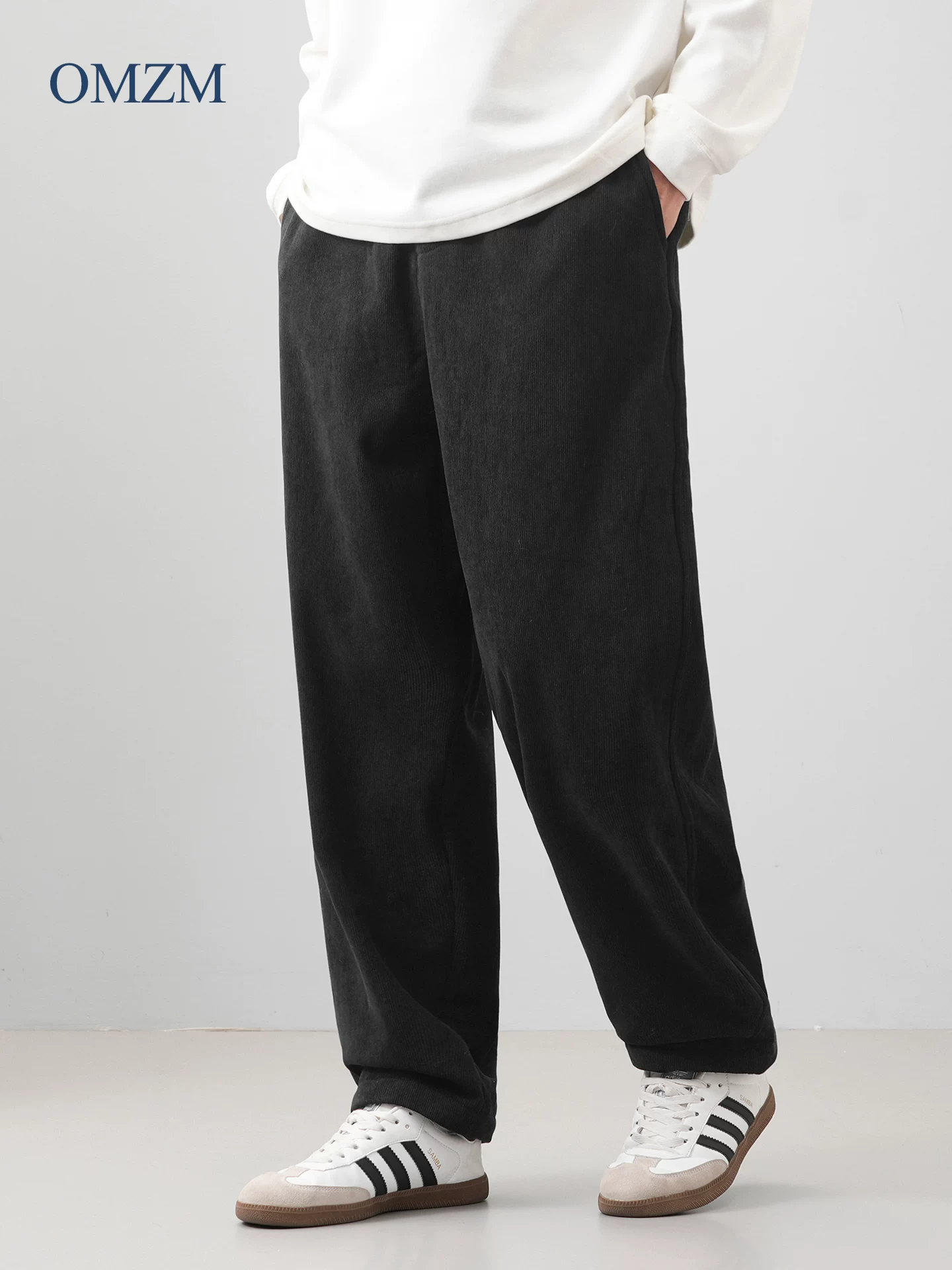Quần vải nhung kiểu Mỹ OMZM dành cho nam, quần ống đứng ấm áp lót lông cừu cổ điển mùa đông, quần thể thao dày màu trơn.