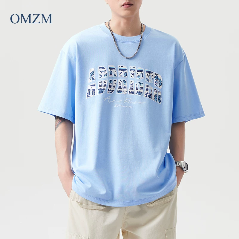 Áo thun ngắn tay bằng cotton nguyên chất hạng nặng OMZM280G dành cho nam, áo thun ngắn tay in chữ phong cách Mỹ mùa hè dành cho giới trẻ thường xuyên
