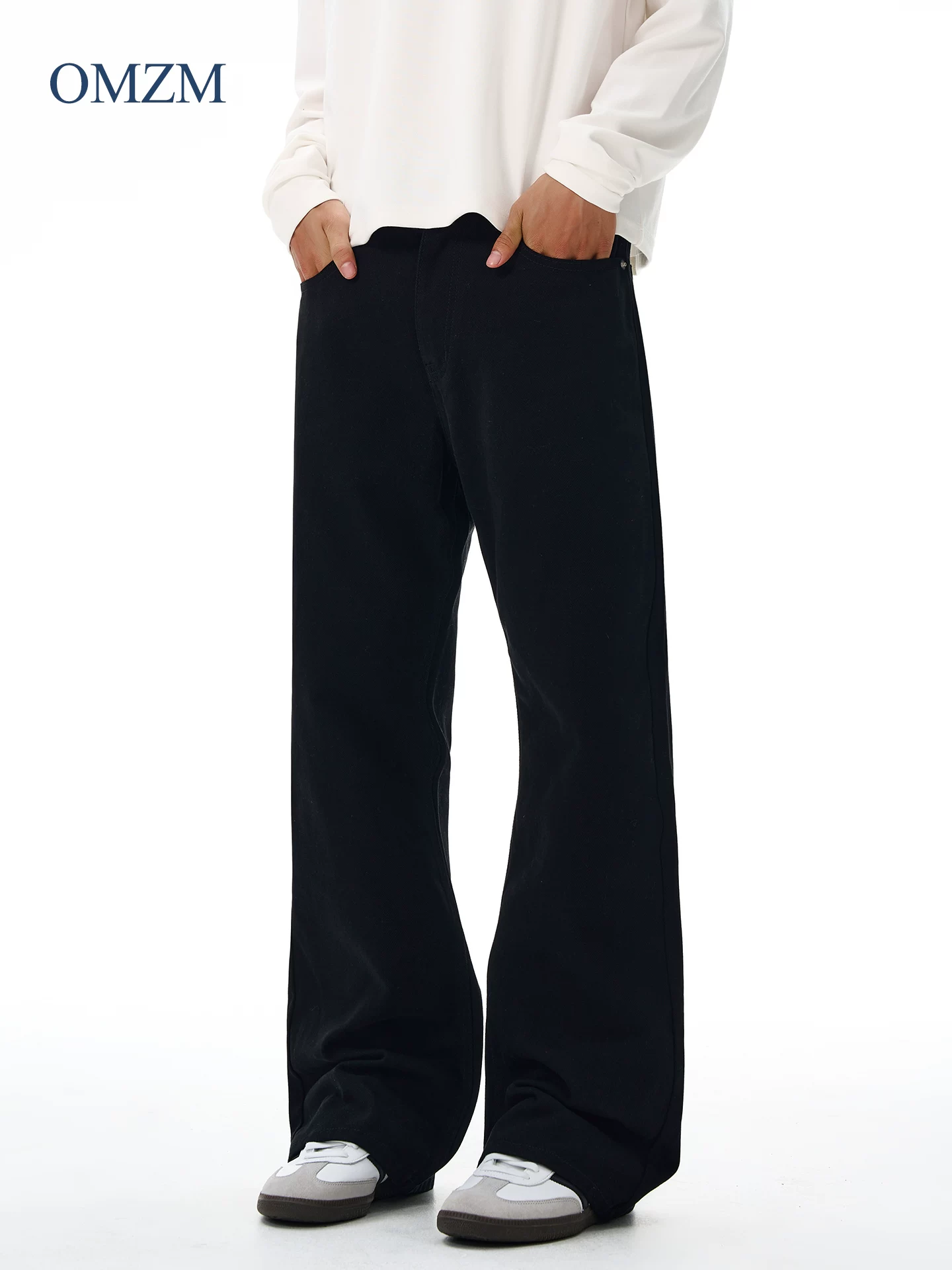 Quần jeans ống rộng dáng suông OMZM dành cho nam, kiểu dáng mới mùa đông 2025, phong cách Mỹ, màu đen, dáng rộng, chất liệu mềm mại, quần thường ngày