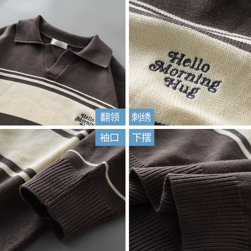 Áo len nam OMZM cổ V sọc, mùa đông 2024, kiểu cổ POLO retro, phong cách lười, phối màu tương phản
