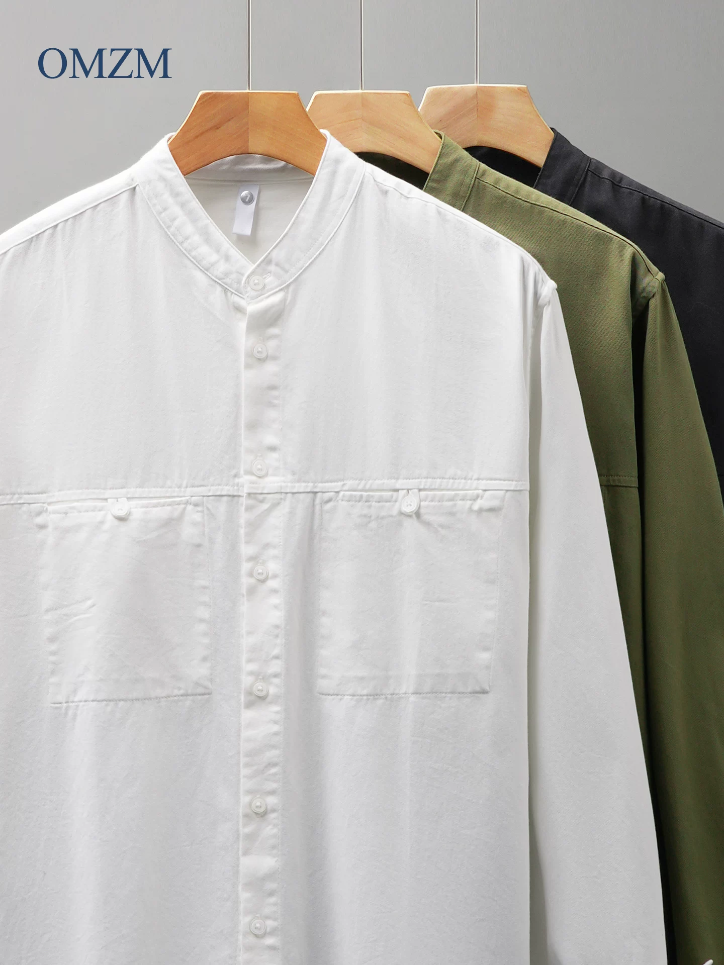 Áo sơ mi cổ đứng bằng cotton nguyên chất OMZM dành cho nam, phong cách xuân thu, áo sơ mi dài tay cổ đứng màu trơn có túi đôi áo khoác