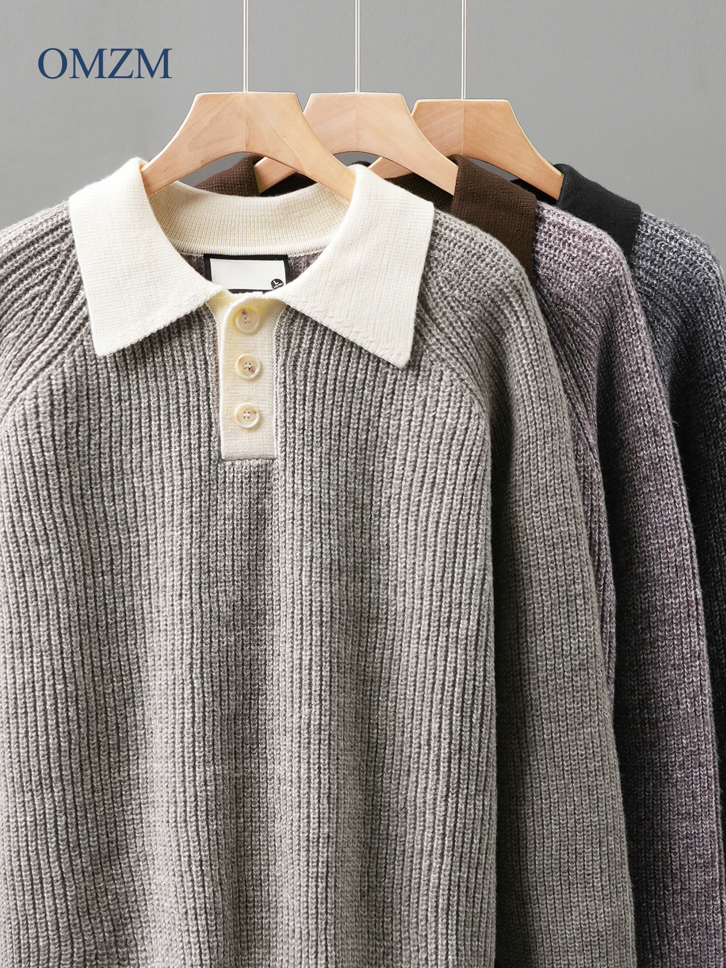 Áo len dệt kim nam OMZMPOLO có cổ, phong cách mùa thu, thiết kế trẻ trung thanh lịch, tay áo dài phối màu, phong cách giản dị và thoải mái.