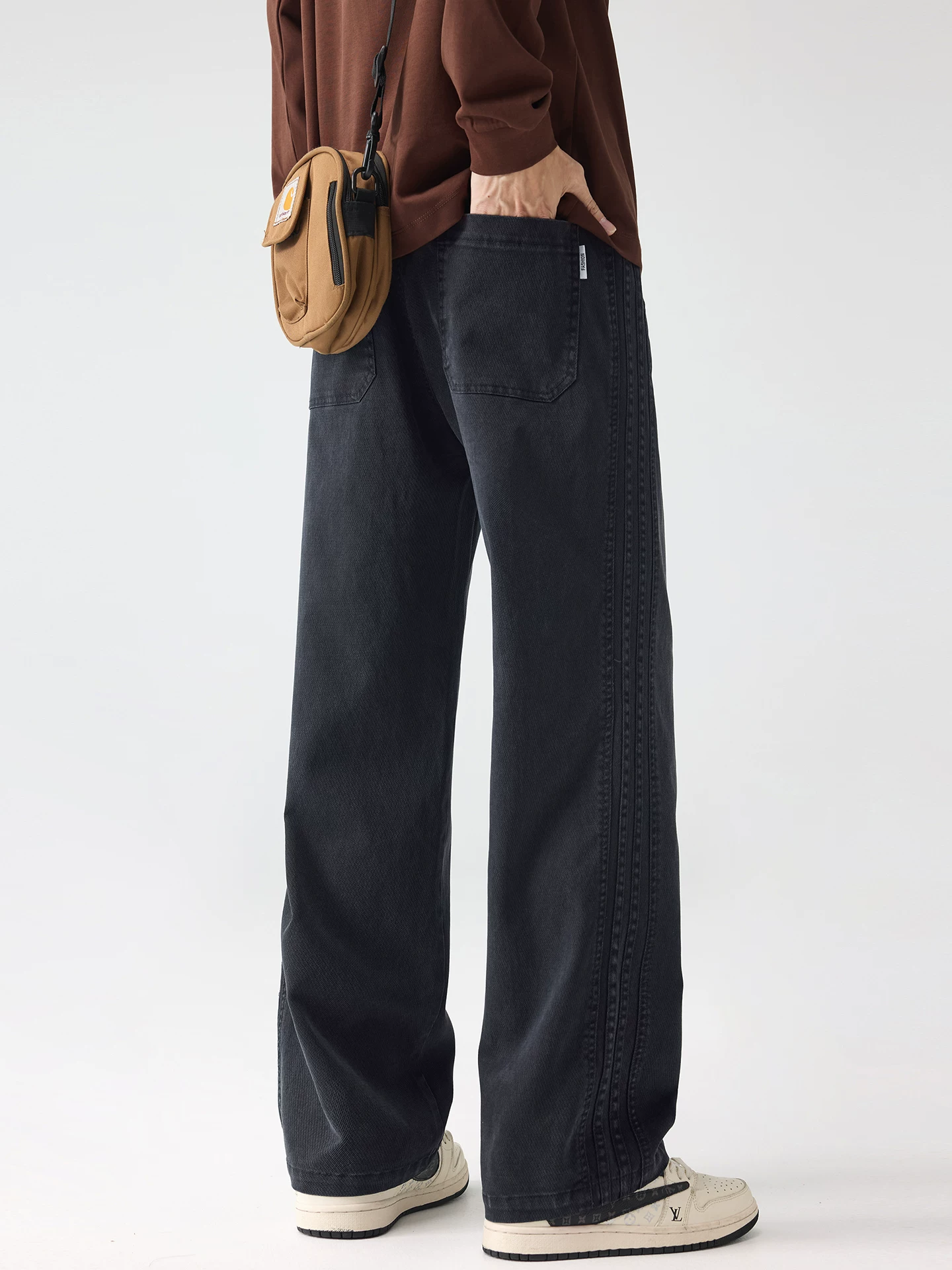 Quần jean lót lông cừu OMZM dành cho nam, quần ống rộng kiểu Mỹ mùa thu đông, quần ống rộng dáng thẳng, quần lyocell.