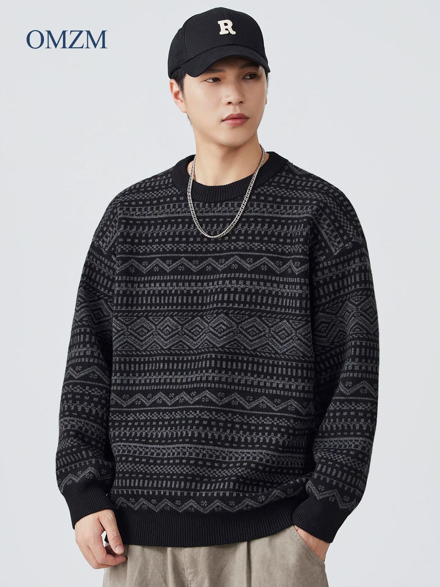 Áo len dệt kim OMZM Fair Isle dành cho nam, Áo len cổ điển kiểu Mỹ nặng 800G mùa thu, Áo len cổ tròn kiểu Jacquard rộng rãi.