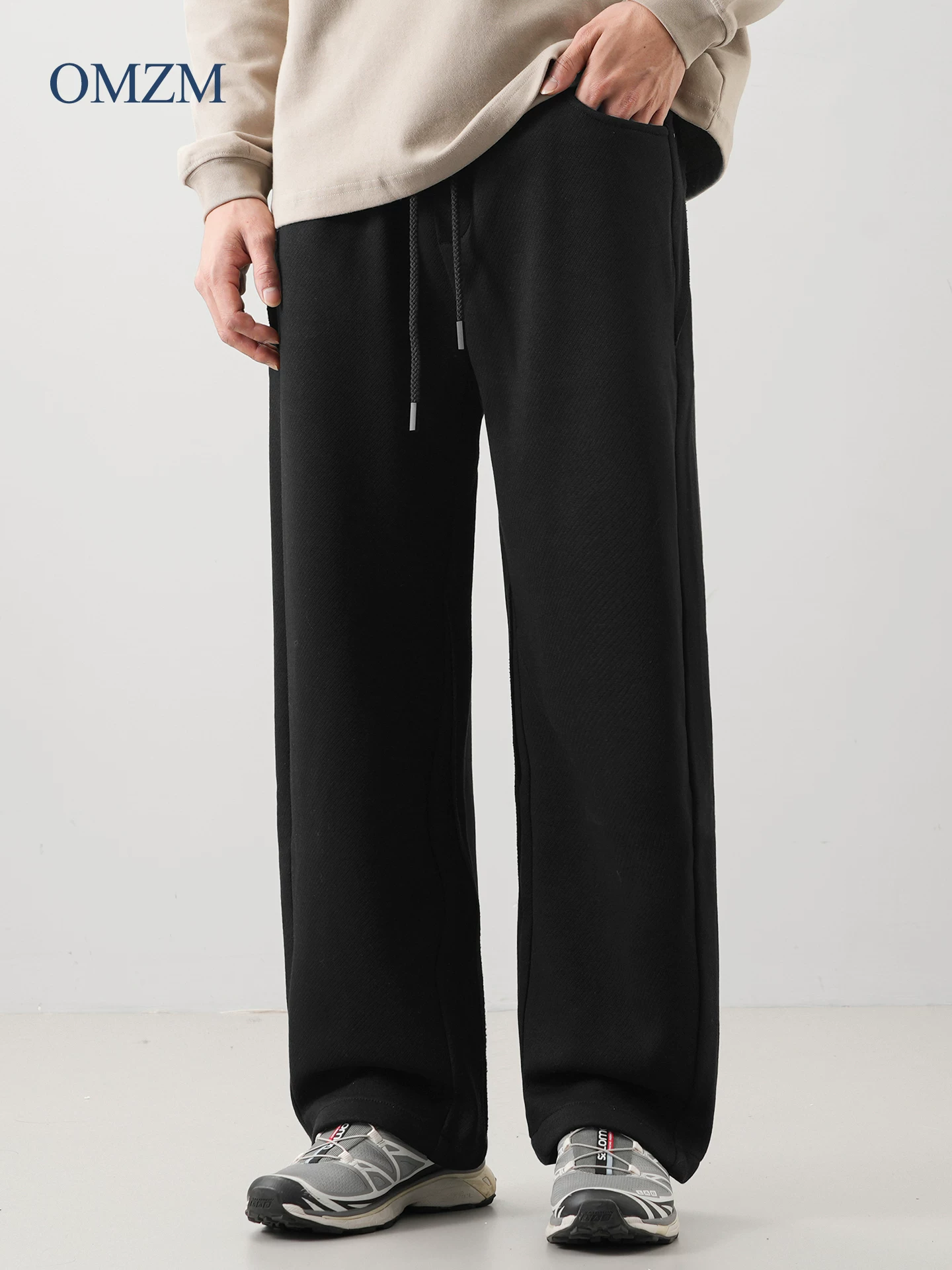 Quần len nặng OMZM dành cho nam, quần ống rộng ống thẳng dày lót lông cừu mùa đông, quần thường ngày len ấm cao cấp