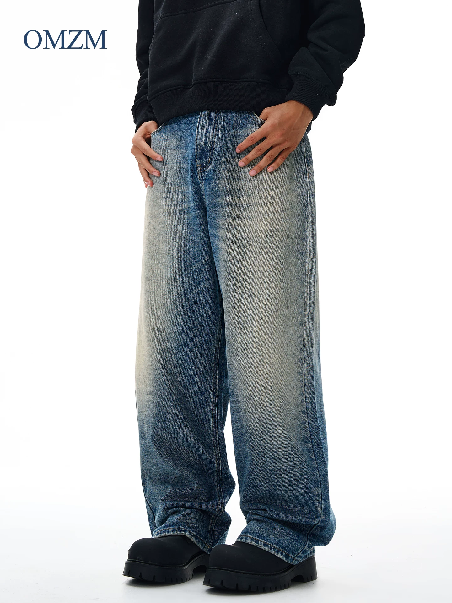 Quần jeans nam OMZM màu xanh retro, giặt mài, mùa đông 2025, kiểu dáng mới, ôm vừa vặn, ống rộng, dài chạm sàn, phong cách thường ngày