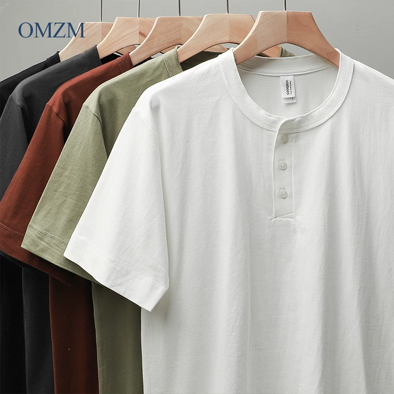 OMZM phong cách Mỹ 280g áo sơ mi henley hạng nặng áo thun ngắn tay nam mùa hè retro chàng trai cứng rắn nguyên chất cotton nguyên chất màu trắng nửa tay áo