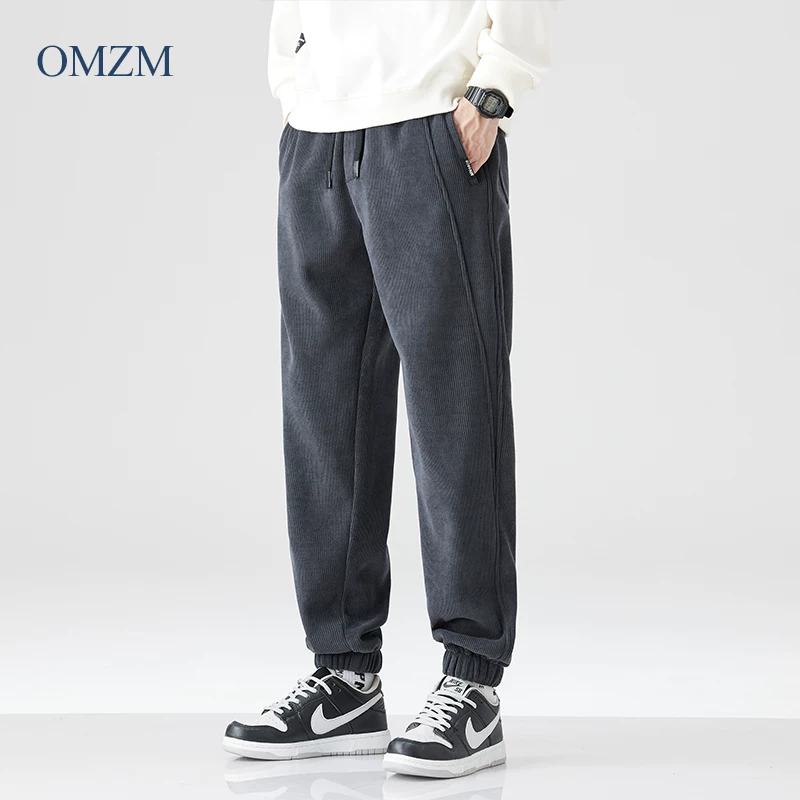 Quần nhung dày dặn OMZM dành cho nam, quần jogger dày dặn lót lông cừu mùa đông, quần thể thao ống côn rộng, quần dài thường ngày.