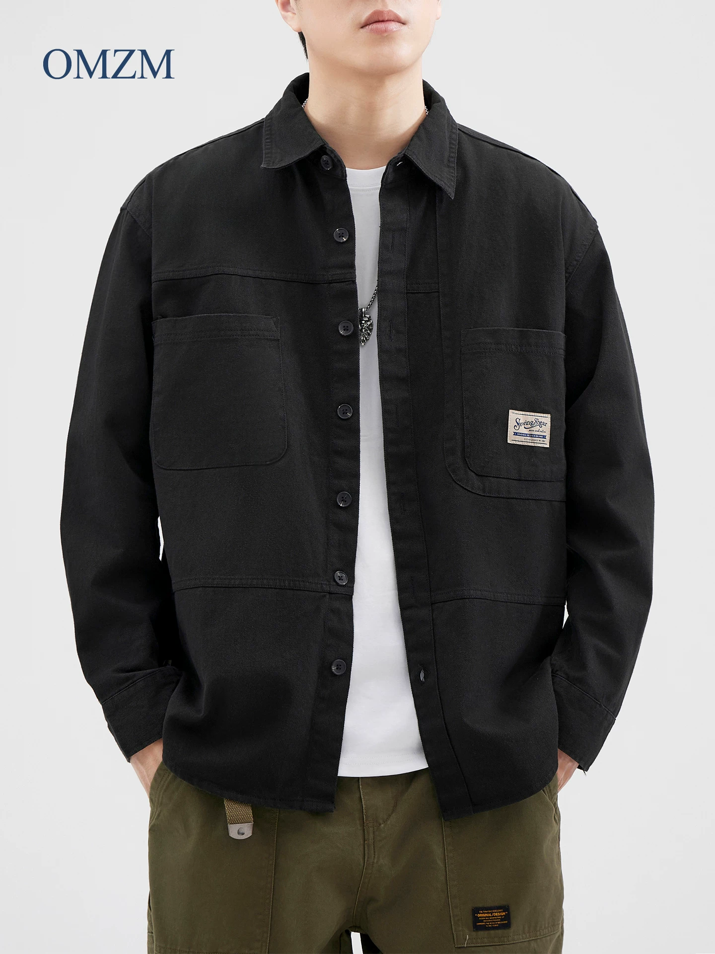 Áo khoác kiểu áo sơ mi hạng nặng OMZM dành cho nam, áo sơ mi cotton nguyên chất cao cấp mùa thu, áo khoác công sở dáng rộng thông thường kiểu Mỹ