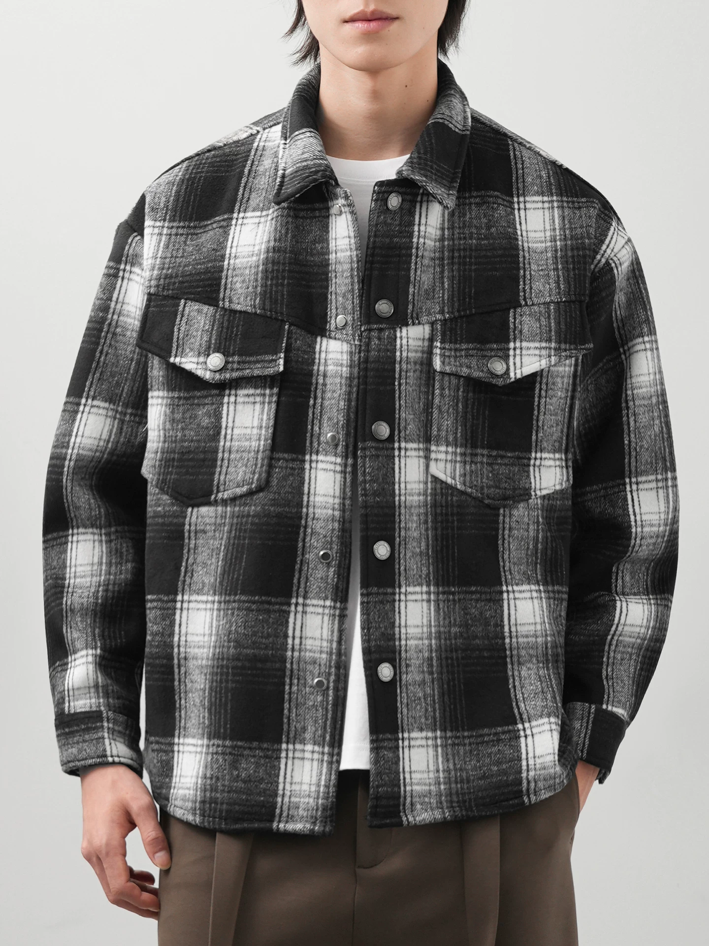 Áo sơ mi kẻ sọc lót lông cừu OMZM750G dành cho nam, áo khoác dày dặn giữ ấm mùa đông, áo sơ mi họa tiết phong cách retro Anh quốc