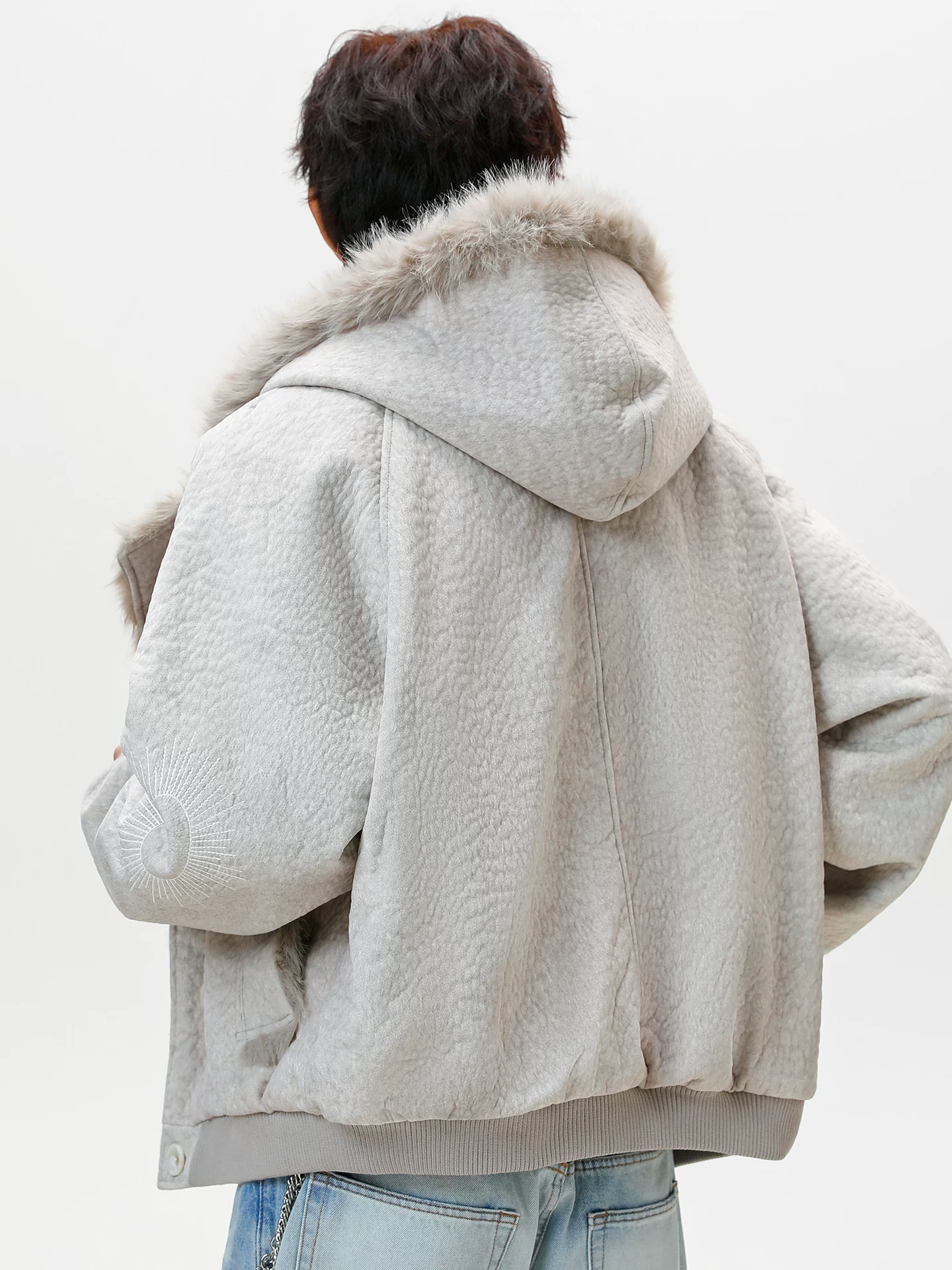 Áo khoác ngắn phong cách Mỹ mùa đông dành cho nam OMZM có lớp lót lông cừu, áo khoác cotton ấm áp, dáng rộng, cổ lông, áo khoác bảo hộ lao động có mũ trùm đầu
