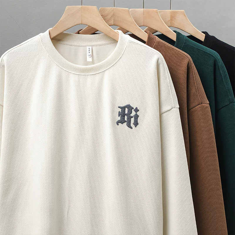 Áo len cổ tròn hạng nặng kiểu Mỹ dành cho nam, áo sơ mi đế thêu dệt kim độc đáo mùa thu đông, áo khoác dài tay cao cấp