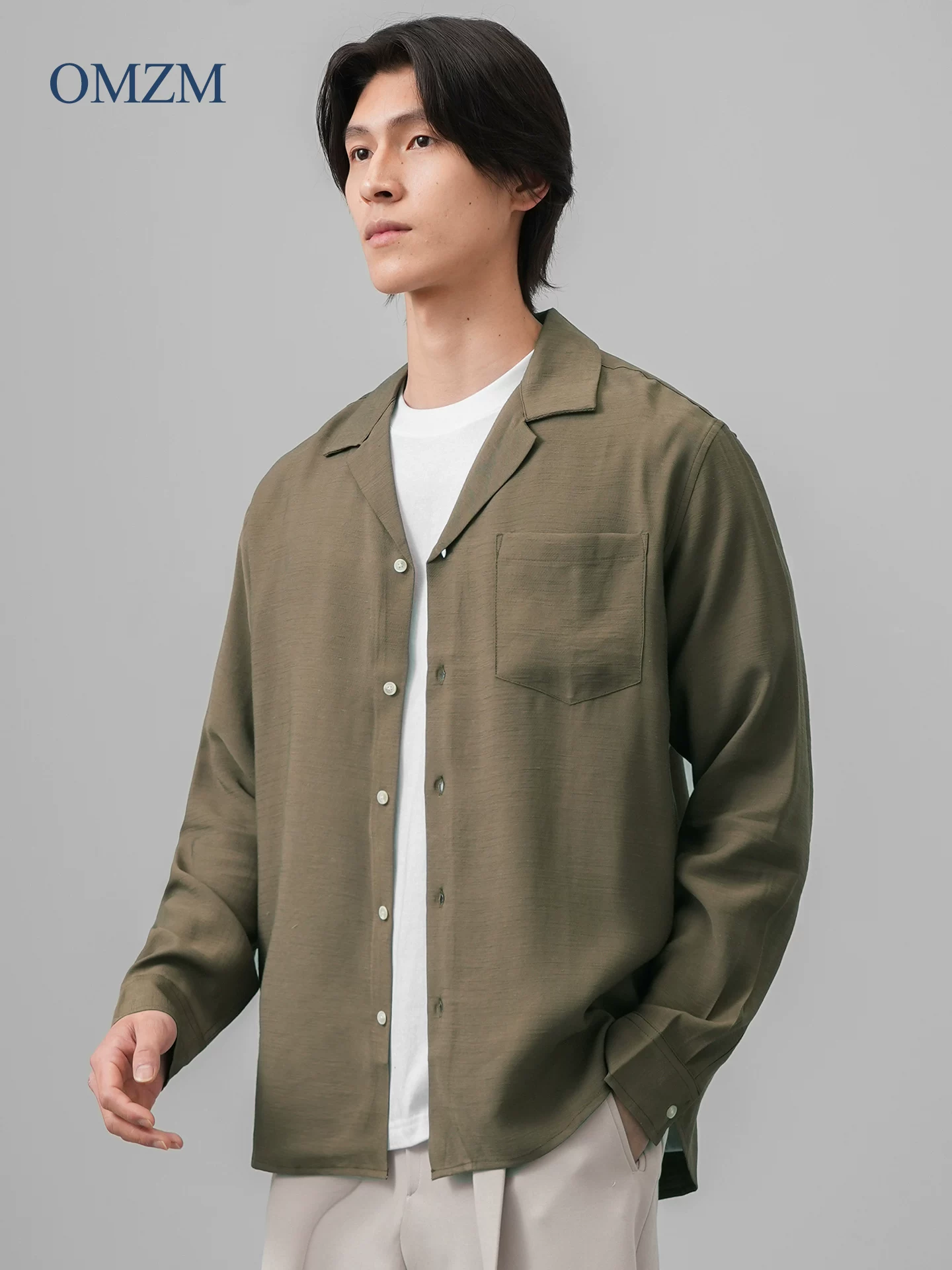Áo sơ mi nam OMZM kiểu tiền cổ điển, chất liệu vải lanh, tay dài, mùa thu, cổ Cuba, màu trơn, dáng rộng, kiểu áo khoác.