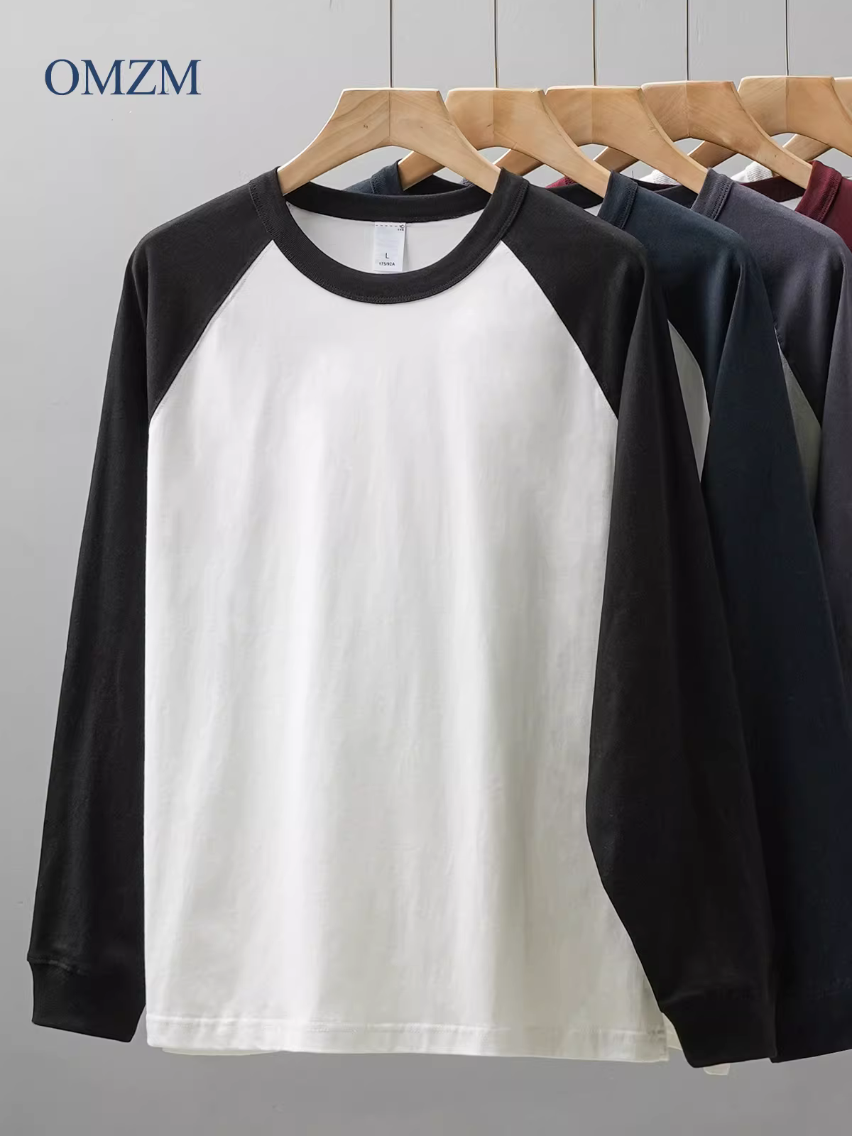 Áo thun nam tay raglan dài, chất liệu cotton dày 230G, kiểu phối màu, cổ tròn, mùa thu 2024.