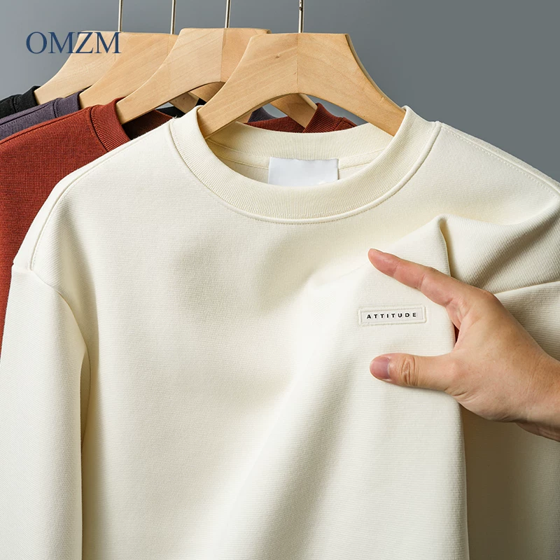 Áo len nỉ dày dặn OMZM460G dành cho nam, áo len cổ tròn dày dặn ấm áp mùa thu đông, áo thun thêu họa tiết trẻ trung.