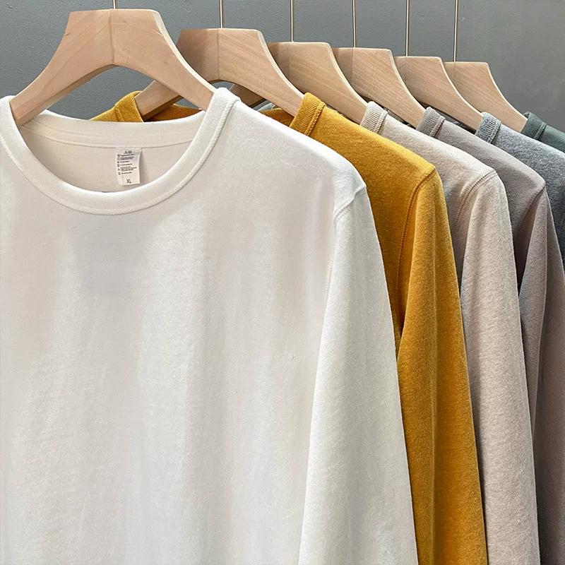 Áo thun dài tay hạng nặng 320g kiểu Mỹ dành cho nam, màu trơn, cotton nguyên chất, áo lót có lớp lót chải kỹ, áo len cổ tròn dày dặn mùa thu đông.